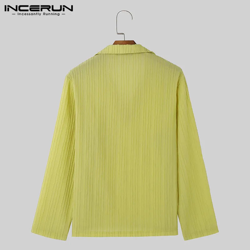 INCERUN Tops 2024 Korean Style New Mens Vertical Striped Texture Shirts Casual Simple Male Solid Color Long Sleeved Blouse S-5XL