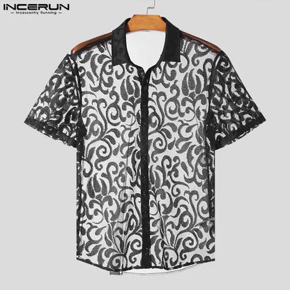 INCERUN Tops 2024 American Style Fashion Men Perspective Lace Fabric Shirts Casual Clubwear Male Thin Short Sleeved Blouse S-5XL