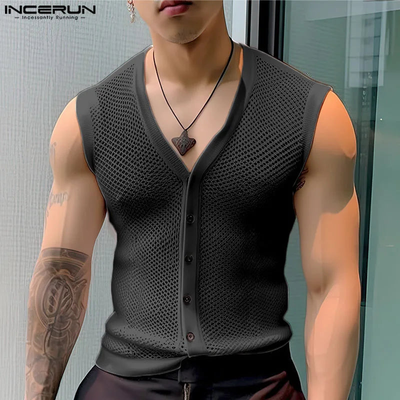 INCERUN 2024 Männer Tank Tops Mesh Aushöhlen Solide V Neck Sleeveless Sommer Männlichen Westen Transparent Streetwear Fashion Männer Kleidung