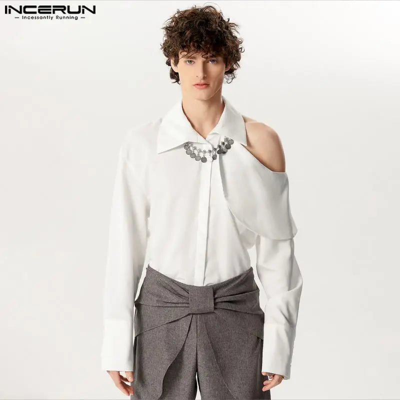 2024 Men's Shirt Solid Color Lapel Long Sleeve Hollow Out Streetwear Men Clothing Ruffle Fashion Casual Camisas S-5XL INCERUN