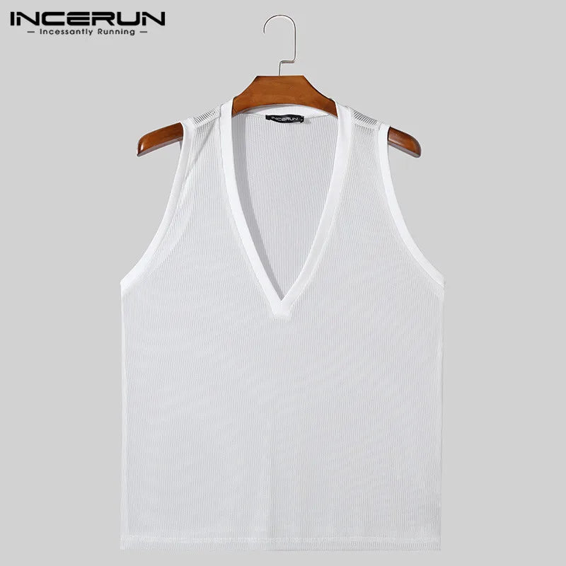 INCERUN Tops 2024 Handsome Men's Deep V Vertical Stripe Knitted Hollow Tank Tops Leisure Streetwear Thin Sleeveless Vests S-5XL