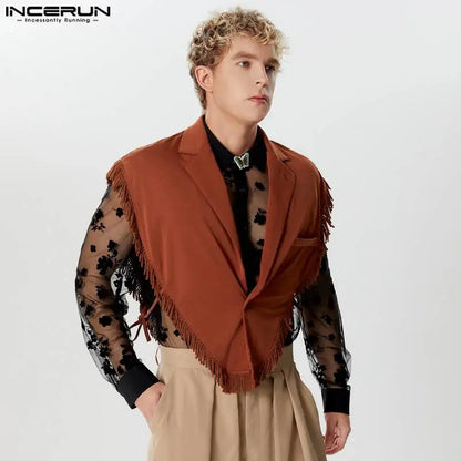 Fashion Casual Style Tops INCERUN Men's Side Strap Short Tassel Silhouette Vests Handsome Male Solid Lapel Waistcoats S-5XL 2024