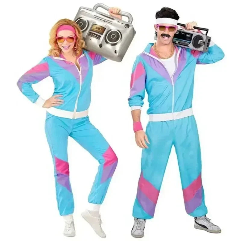 Men Women Vintage 80s Hip Hop Disco Cosplay Hippie Costume Halloween Purim Carnival Party Couple Tracksuit Outfit