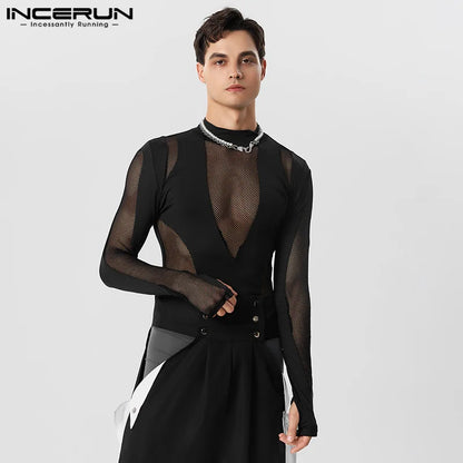 Men Bodysuits Mesh Patchwork Transparent Turtleneck Long Sleeve Rompers Men T Shirt 2023 Sexy Fitness Party Bodysuits INCERUN