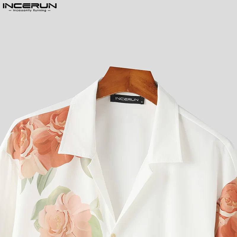 INCERUN 2024 Hommes Chemise Fleur Impression Revers Manches Longues Bouton Hommes Vêtements Streetwear Lâche Mode Décontracté Hommes Chemises S-5XL