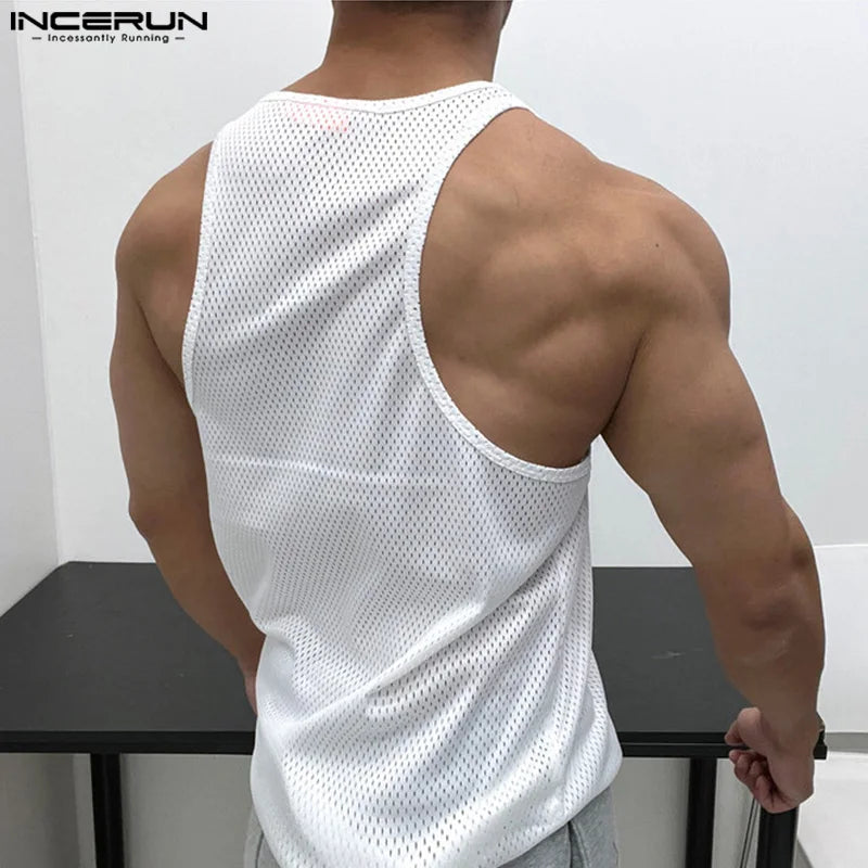 INCERUN Tops 2024 Koreanischen Stil Männer Mesh Stoff Dünne Schulter Gurt Design Westen Stilvolle Straße Männlichen Ärmellose Tank Tops S-5XL