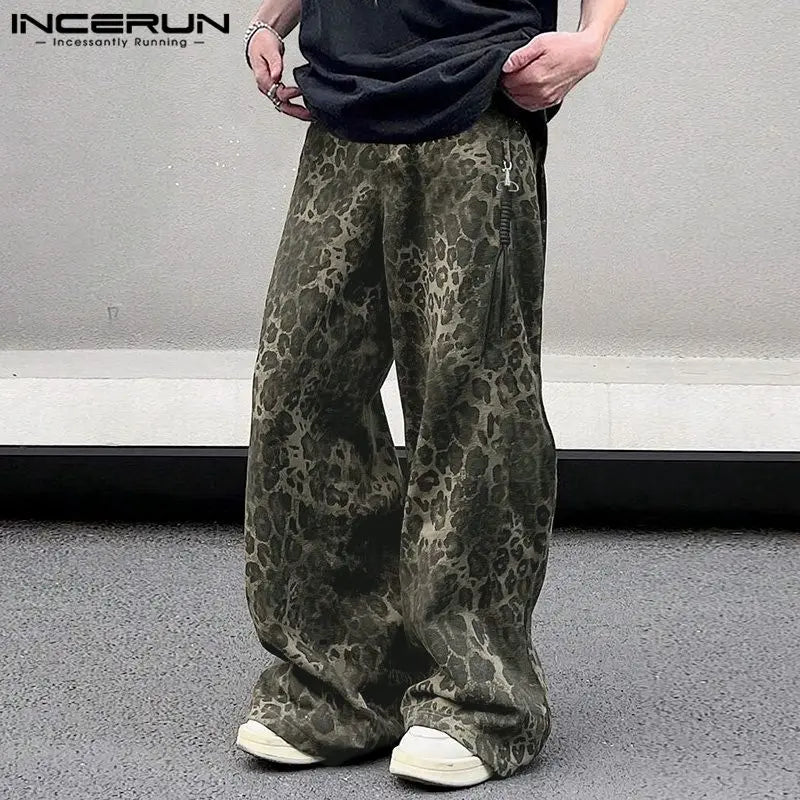 INCERUN 2024 Korean Style Trousers Stylish Men Leopard Printed Pattern Pant Casual Well Fitting Male Personality Pantalons S-5XL