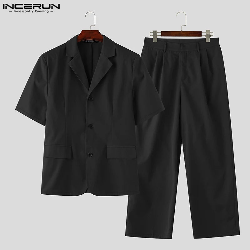 INCERUN 2024 Korean Style New Men Sets Short Sleeved Suit Jacket Long Pants Fashion Simple Male Suit Collar Two-piece Sets S-5XL