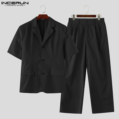 INCERUN 2024 Korean Style New Men Sets Short Sleeved Suit Jacket Long Pants Fashion Simple Male Suit Collar Two-piece Sets S-5XL