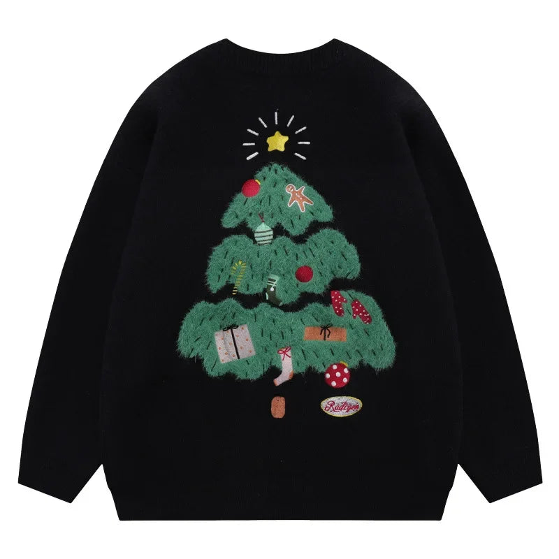 HOUZHOU Men's Knitted Christmas Sweater Vintage Black Red Pullovers Sweaters and Jumpers Male Couple Winter Streetwear Harajuku