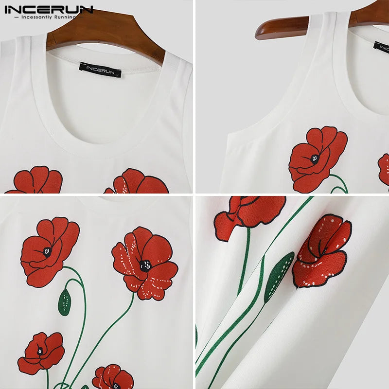 INCERUN Tops 2024 American Style Summer Fashion Mens Floral Print Vests Casual Streetwear Male Sleeveless O-neck Tank Tops S-5XL