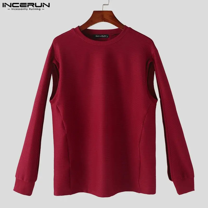 INCERUN Tops 2024 Korean Style New Men O-neck Hollow Sleeve Design T-shirts Casual Simple Male Solid Long Sleeved Camiseta S-5XL