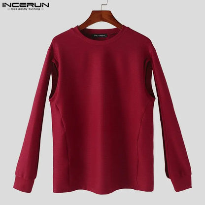 INCERUN Tops 2024 Korean Style New Men O-neck Hollow Sleeve Design T-shirts Casual Simple Male Solid Long Sleeved Camiseta S-5XL