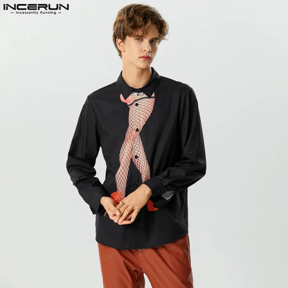 INCERUN Tops 2023 American Style Handsome Men's Abstract Printed Shirts Casual Fashionable Male Long Sleeved Lapel Blouse S-5XL