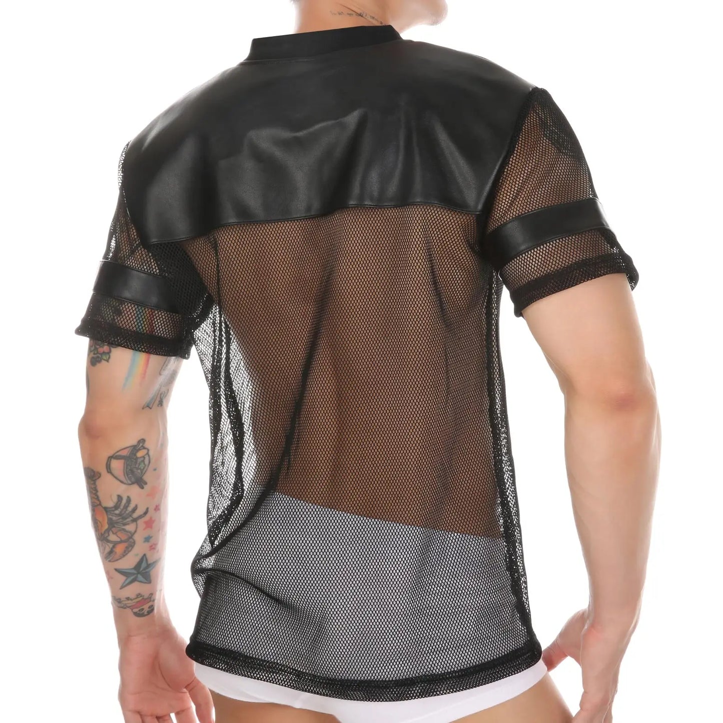 CLEVER-MENMODE T-shirt sexy en résille pour homme en similicuir, maille transparente, clubwear, manches courtes, numéro 107