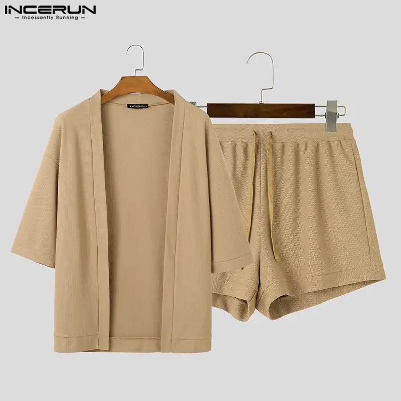 INCERUN 2023 Korea Style Sexy New Men's Sets Medium Sleeve Cardigan Shorts Casual Hollowed Solid Color Male Two Piece Sets S-5XL