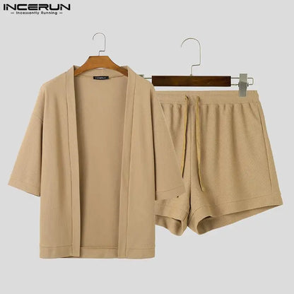 INCERUN 2023 Korea Stil Sexy Neue herren Sets Medium Ärmel Strickjacke Shorts Casual Höhlte Einfarbig Männlichen Zwei Stück Sets S-5XL