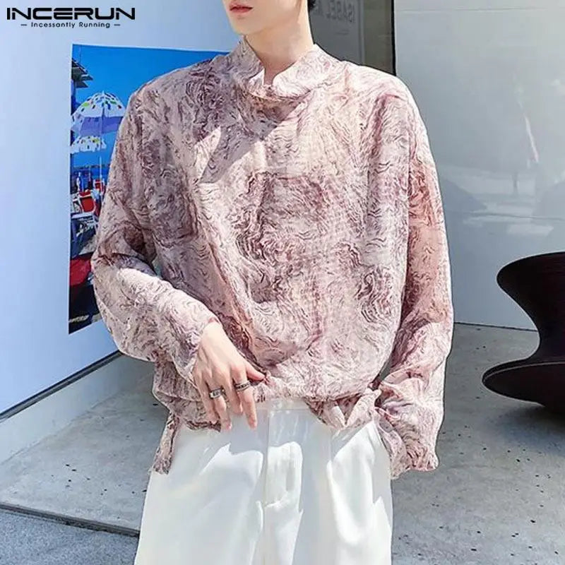 INCERUN Tops 2024 Korean Style Men's Fashion Semi High Neck Fluid Printed T-shirts Casual Streetwear Long Sleeved Camiseta S-5XL