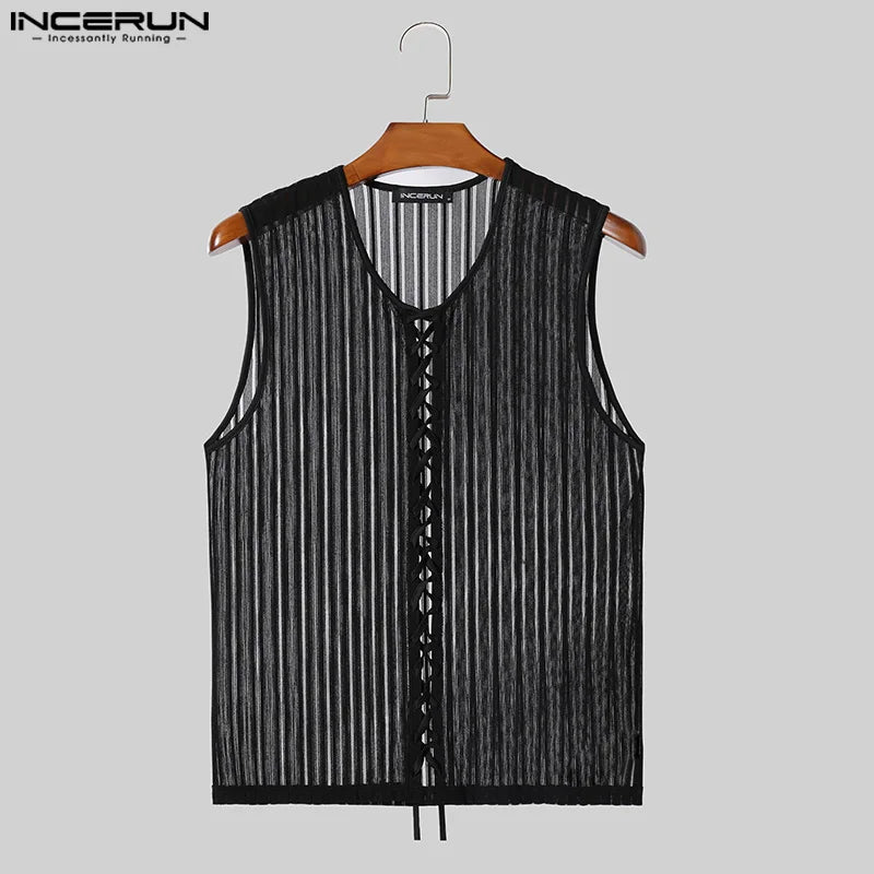 INCERUN Tops 2024 Korean Style Fashion Men Cross Design Drawstring Sleeveless Vests Casual Male See-through Thin Tank Tops S-5XL