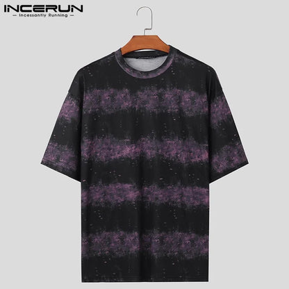 INCERUN Tops 2024 Korean Style Handsome Fashion Men Gradient Striped T-shirt Casual Streetwear Male Short Sleeved Camiseta S-5XL