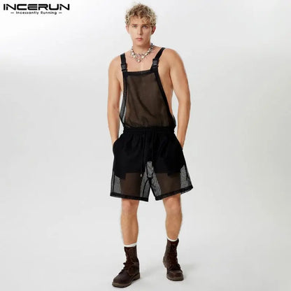 INCERUN 2024 American Style Bodysuits Stylish Men's Hollow Mesh Jumpsuits Sexy Leisure Perspective Thin Sleeveless Rompers S-5XL