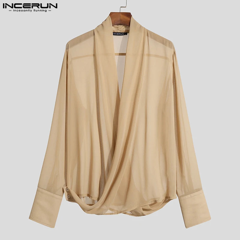 INCERUN Tops 2023 Style américain Nouvelle mode pour hommes Rayures lumineuses Pile Blouse Casual Couleur unie Cross Manches longues Chemises S-5XL