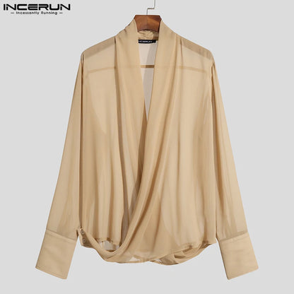 INCERUN Tops 2023 Style américain Nouvelle mode pour hommes Rayures lumineuses Pile Blouse Casual Couleur unie Cross Manches longues Chemises S-5XL