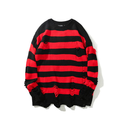 High Street Retro Punk Red and Black Stripes Autumn Sweater Men Loose Ripped Hole Tassel Pullover Round Neck Casual Clothes