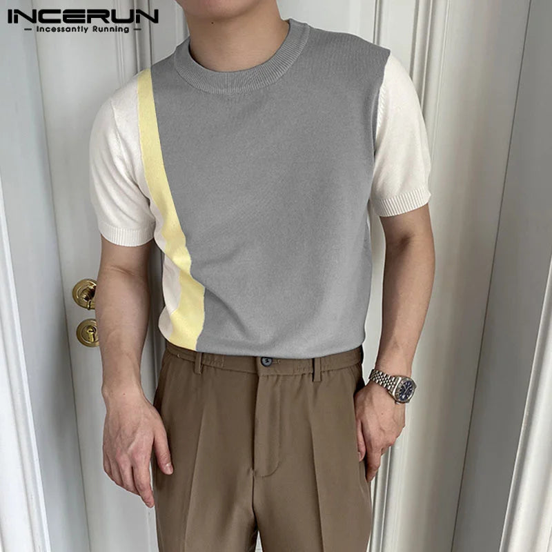 Men T Shirt Patchwork Round Neck Streetwear Short Sleeve Casual Men Clothing 2023 Summer Korean Style Tee Tops S-5XL INCERUN