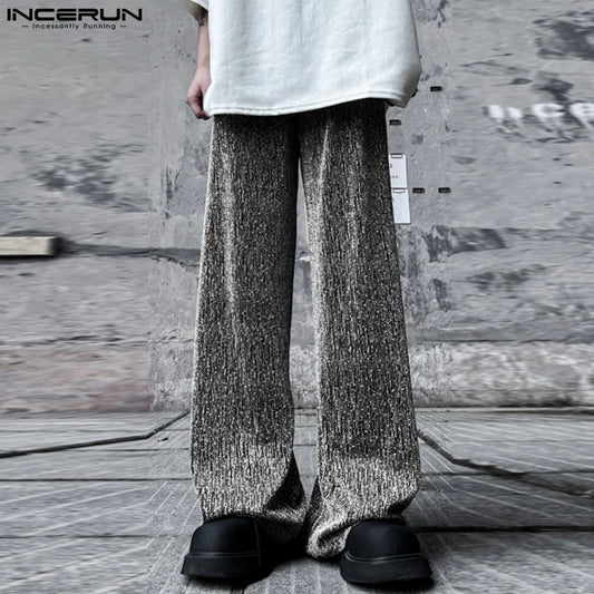 INCERUN 2024 Korean Style Trousers Men's Sparkling Fabric Short Striped Texture Long Pant Casual Streetwear Male Pantalons S-5XL