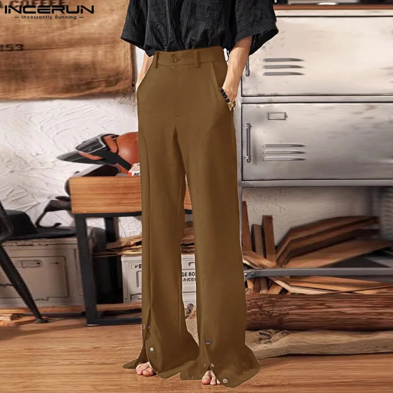 INCERUN 2024 Koreanische Stil Pantalons Stilvolle Neue Männer Metall Knopf Schlitz Lange Hose Freizeit Streetwear Lose Breite Bein Hose S-5XL