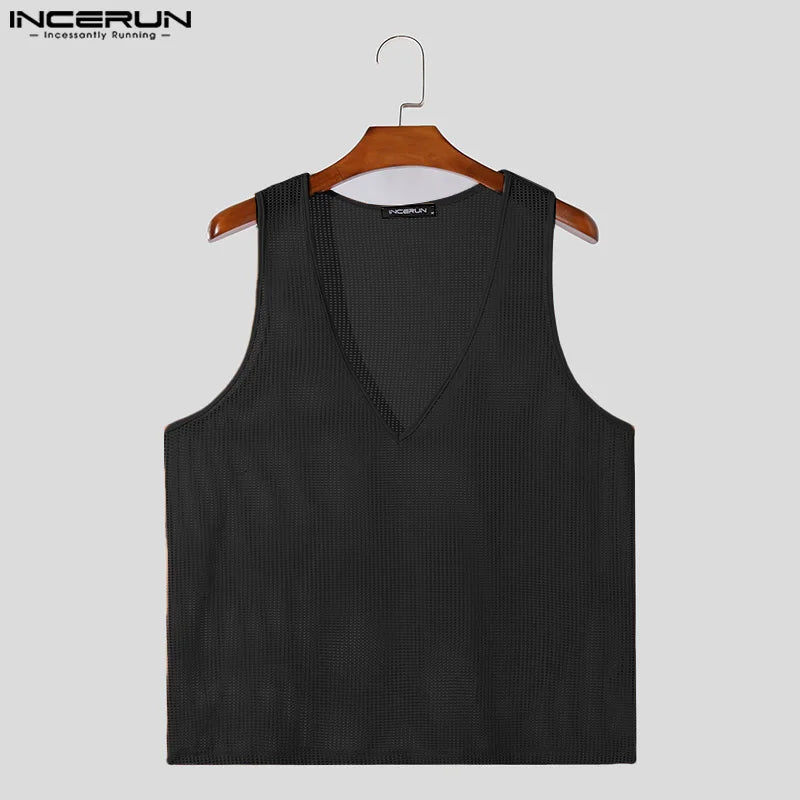 INCERUN Tops 2024 Korean Style Men Sexy Hollow V-neck Vests Casual Streetwear Summer Male Hot Selling Sleeveless Tank Tops S-5XL