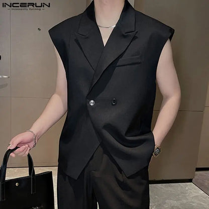 INCERUN Tops 2023 Korean Style Handsome Men Suits Vests Casual Streetwear Male Solid All-match Simple Sleeveless Waistcoat S-5XL