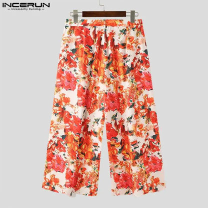 INCERUN 2024 American Style Mens Trousers Stylish High Waisted Floral Pattern Pants Casual Well Fitting Wide Leg Pantalons S-5XL