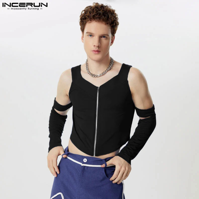 Stylish Casual Tops INCERUN Men's Shoulder Hollowed Tight Elastic T-shirts Sexy Male Cropped Zipper Long Sleeved Camiseta S-5XL