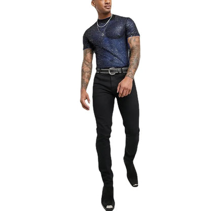 Sexy Männer Durchsichtig Kurzarm Top Pailletten Transparent Mesh Shirts Gay Exotic Tops 2024 Nacht Party Y2k Chemise Bühnenkostüm