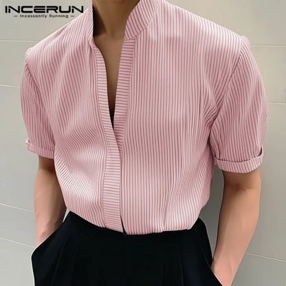 INCERUN Tops 2024 Korean Style New Men's Striped Stand Neck Design Shirts Casual Streetwear All-match Short Sleeved Blouse S-5XL