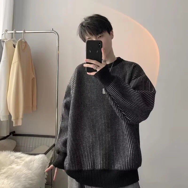 HOUZHOU Striped Knitted Sweater Coat Men Japanese Oversize Casual Autumn Winter Loose O-neck Pullovers for Man Streetwear