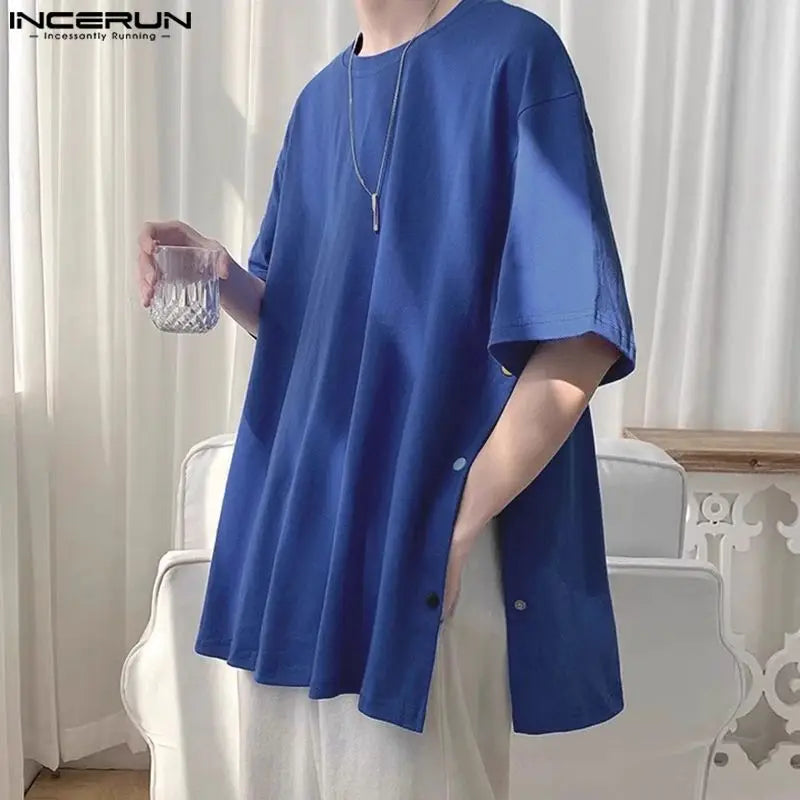 Fashion Casual Style Tops INCERUN Mens Split Breasted Loose Design T-shirts Summer Male Solid Medium Sleeved Camiseta S-5XL 2024