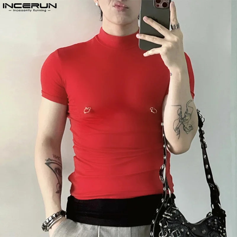 Sexy Fashion Style Tops INCERUN Men Half High Neck Mesh Loop Buckle T-shirts Casual Male Solid Short Sleeve Tight Camiseta S-5XL