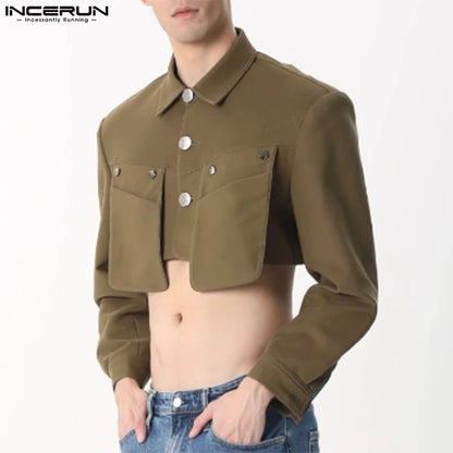 Fashion Casual Style Tops INCERUN Men Cropped Pocket Design Jackets Coats Male Personality Solid Long Sleeved Jackets S-5XL 2024