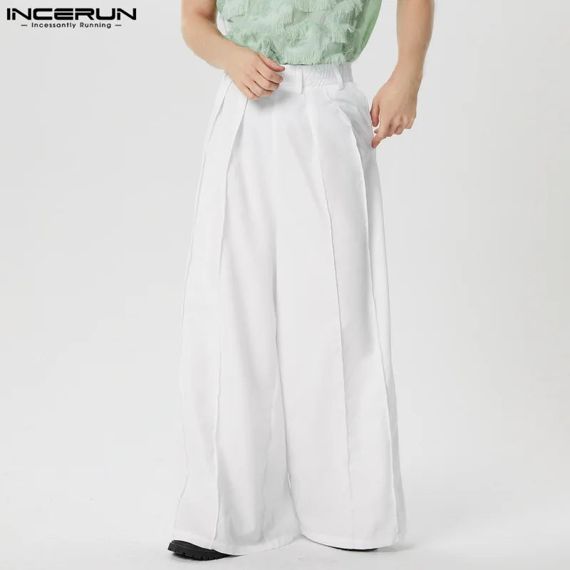 INCERUN 2024 Hose im amerikanischen Stil Neue Herrenhose mit weitem Bein und plissiertem Design, lange Hose, lässige Streetwear, einfarbige Pantalons, S-5XL