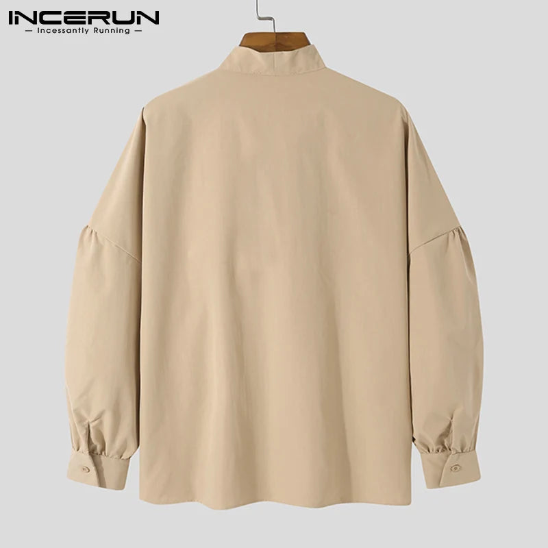 INCERUN Tops 2023 Mode Nouveaux Hommes Lâche À Manches Longues Cravate Chemisier Élégant Solide Vente Chaude Confortable Décontracté Streetwear Chemises S-5XL