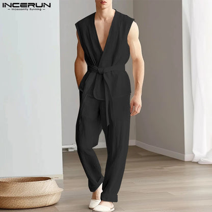 INCERUN 2024 Ensembles de style américain Casual Nouveaux hommes sans manches Cardigan Pantalon Solide Simple sans manches Streetwear Deux pièces Ensembles S-5XL