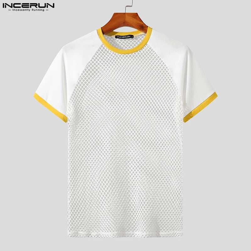 INCERUN Tops 2024 Style américain Nouveaux hommes Transparent Mesh Patchwork T-shirts rayés Sexy Serré Raglan Manches T-shirts minces S-5XL