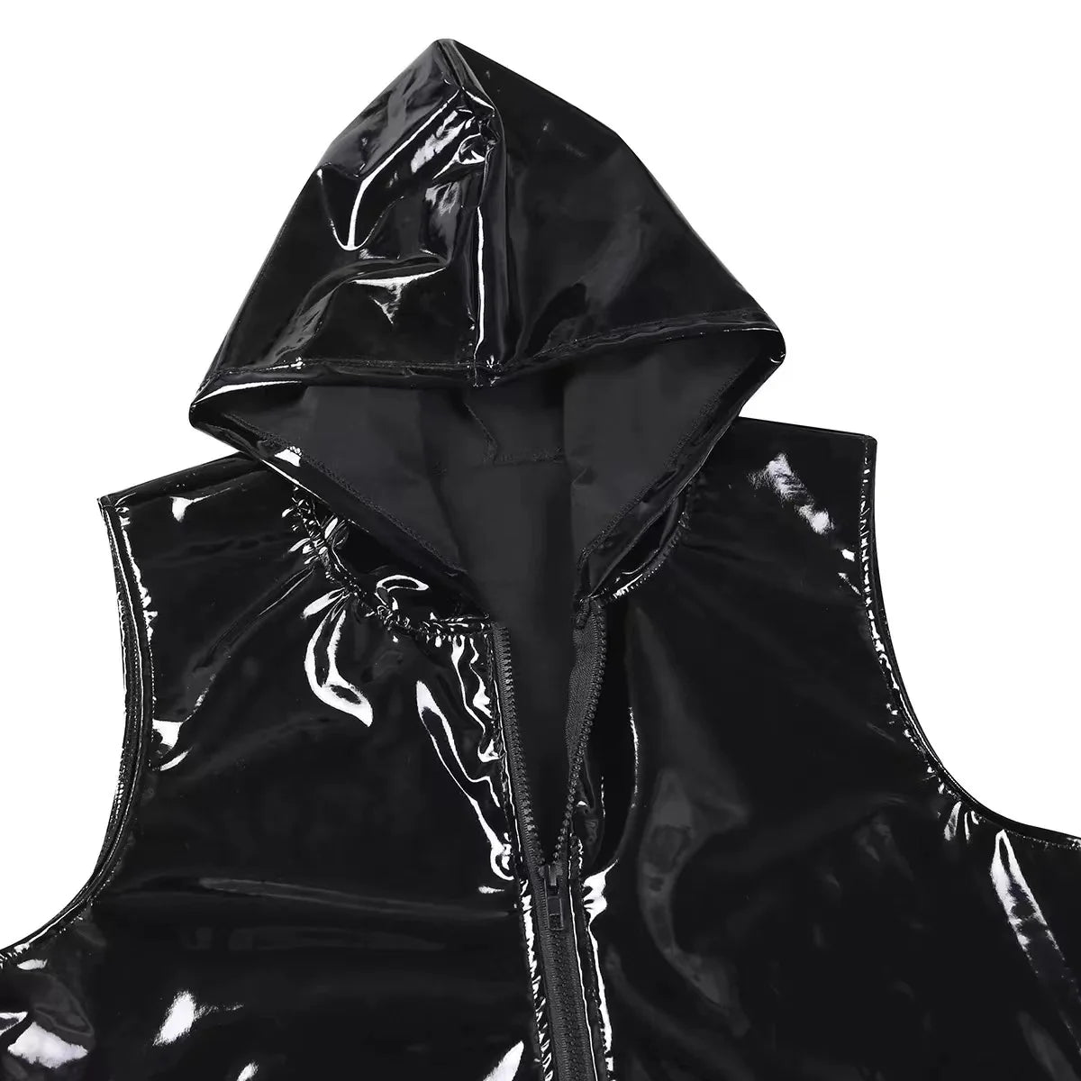 S-7XL Plus Size Mens Shiny PVC Leather Hoodies Shirts Sleeveless Wetlook Latex Tank Tops Hooded Leather Vest T-shirt Full Zipper