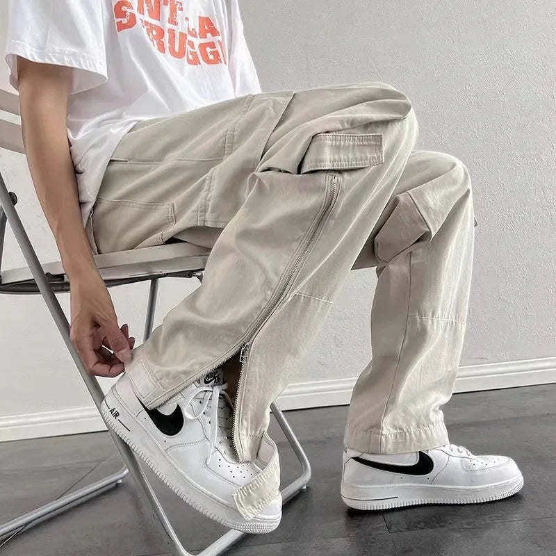 HOUZHOU Pantalon cargo à fermeture éclair pour homme, pantalon cargo blanc en coton, style hip-hop, streetwear, vintage, ample, décontracté, style safari, poche