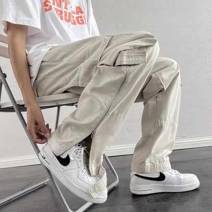 HOUZHOU Zipper Cargo Pants Men Cotton White Cargo Trousers Male Hip Hop Streetwear Vintage Loose Casual Safari Style Pocket