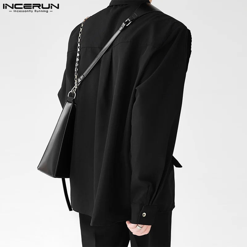 INCERUN Tops 2024 Korean Style Men Double-layer Structural Metal Design Shirts Leisure Patchwork Solid Long Sleeved Blouse S-5XL