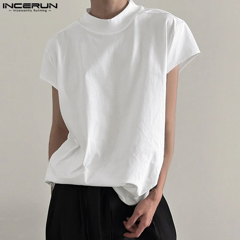 INCERUN Tops 2024 Korean Style New Men Solid Stand Collar Design T-shirts Casual Streetwear Male Loose Sleeveless Camiseta S-5XL